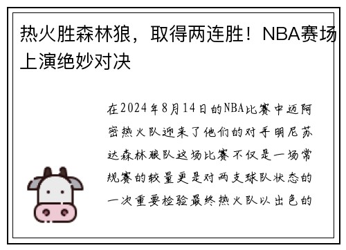 热火胜森林狼，取得两连胜！NBA赛场上演绝妙对决